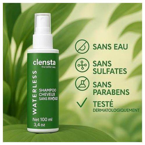 CLENSTA Shampoing Sans Eau 100ml Nettoyant Capillaire Sec Voyage Pratique Formule Innovante Cheveux Propres Sans Rinçage