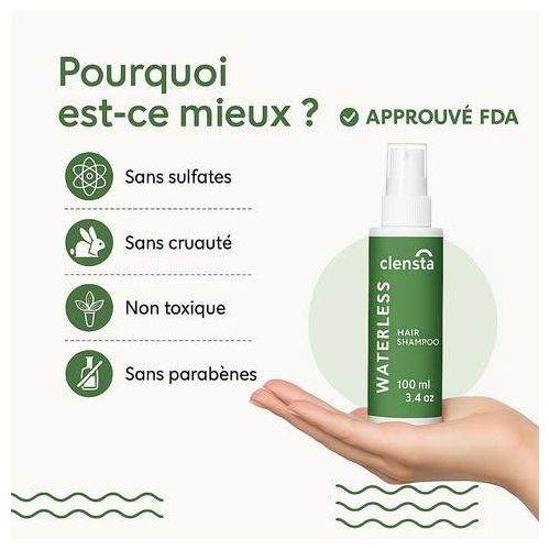 CLENSTA Shampoing Sans Eau 100ml Nettoyant Capillaire Sec Voyage Pratique Formule Innovante Cheveux Propres Sans Rinçage