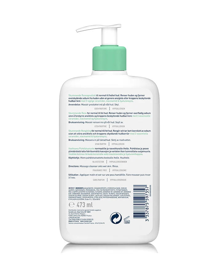 CERAVE Gel Nettoyant Moussant 473ml Purification Équilibre Peaux Normales à Grasses