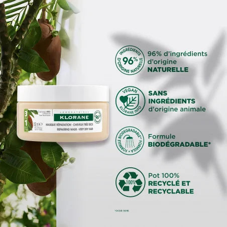 KLORANE Masque 3 en 1 Au Cupuaçu 150ml – Cheveux Très Secs et Abîmés